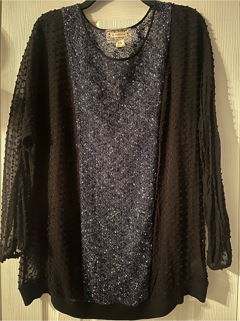 B Vintage Black & Deep Purple Mixed-Texture Swiss Dot Pull Over Blouse - 1X